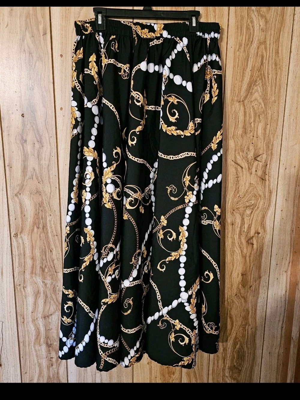 Black & Gold Chain Print Midi Skirt with White Accents